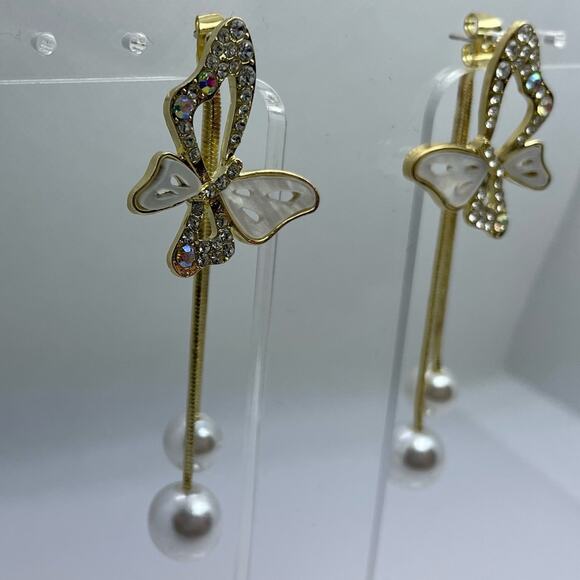 Butterfly Drop Dangle Earrings with Faux Pearls - Picture 2 of 4